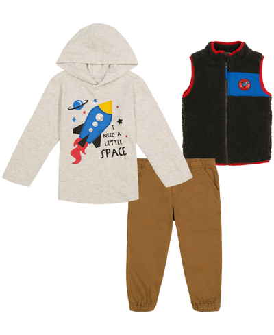 Kids Headquarters Kids' Little Boys Hooded T-shirt, Contrast Trim Berber Vest And Twill Joggers, 3 Piece Set In Gray