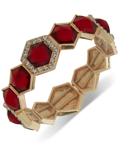 Anne Klein Gold-tone Pave & Color Hexagon Stone Stretch Bracelet In Red