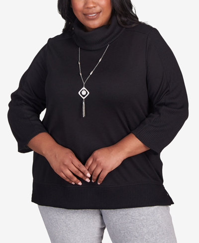 Alfred Dunner Plus Size Drama Queen Solid Cowl Neck Top With Necklace In Black