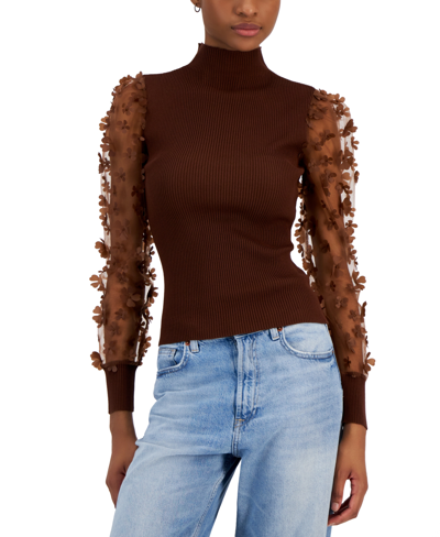 Crave Fame Juniors' Sheer-sleeve 3d-flower Mock Neck Sweater In Brown Chess