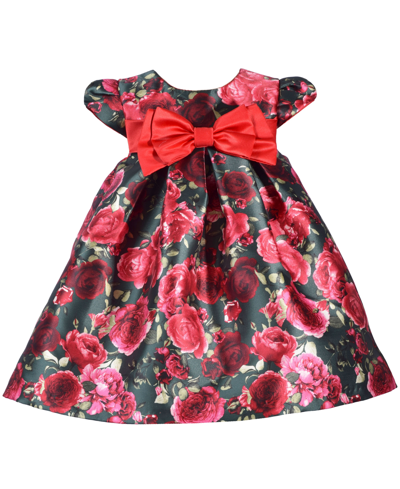 Bonnie Baby Baby Girls Short Sleeved Floral Trapeze With Bow Dress In Green