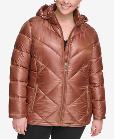 Calvin Klein Plus Size Shine Hooded Packable Puffer Coat, Created For Macy's In Pecan