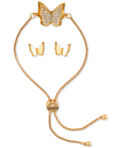 Guess Crystal Butterfly Slider Bracelet & Stud Earrings Gift Set In Gold