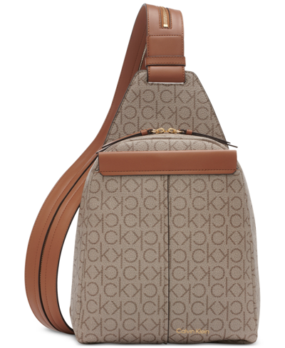 Calvin Klein Millie Signature Convertible Zip-around Sling In Almond Khaki,caramel