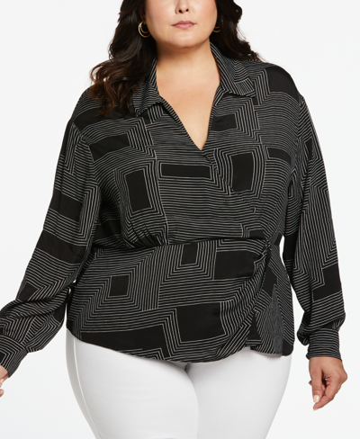 Ella Rafaella Plus Size Fabric Long Sleeve Faux Wrap Blouse In Black