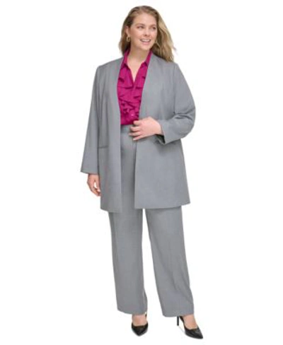 Calvin Klein Plus Size Collarless Open Front Pinstriped Blazer Ruffle Front Button Up Top Modern Fit High Rise Pi In Charcoal,cream