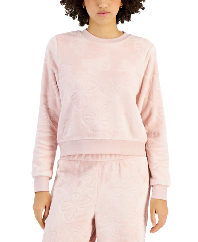 Crave Fame Juniors' Cozy Faux-fur Embossed Crewneck Sweatshirt In Silver Pink Butterfly