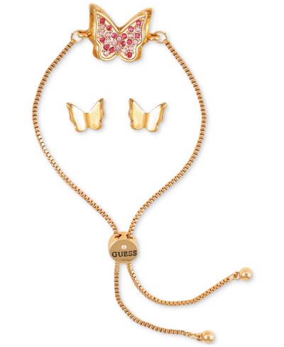 Guess Crystal Butterfly Slider Bracelet & Stud Earrings Gift Set In Gold,rose