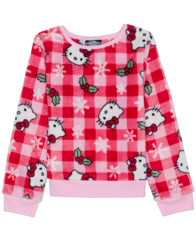 Hello Kitty Kids' Toddler Girls Xmas Plaid Long Sleeve Plush Pullover Sweatshirt In Pink