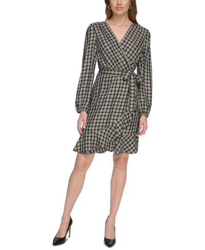 Tommy Hilfiger Womens Checker Ruffle Hem Wrap Dress In Blck Multi