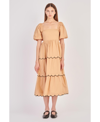 English Factory Puff Sleeve Scallop Trim Cotton Midi Dress In Tan,black
