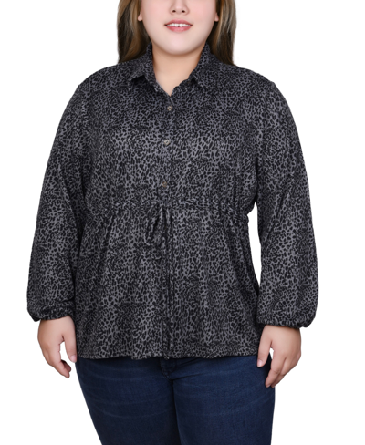 Ny Collection Plus Size Long Dolman Sleeve Drawstring-waist Tunic Top In Gray Black Animal