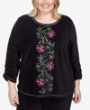 ALFRED DUNNER PLUS SIZE DRAMA QUEEN CENTER FLORAL EMBROIDERED VELOUR SHIRTTAIL TOP