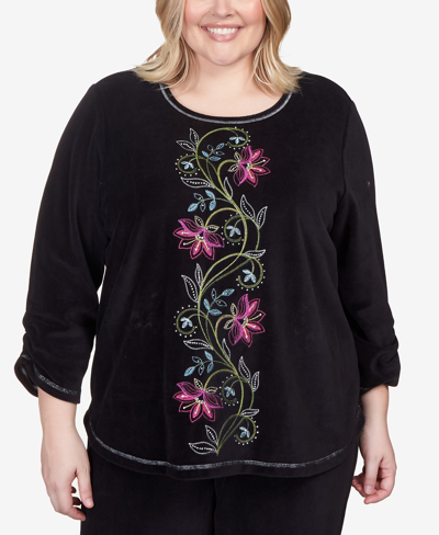 Alfred Dunner Plus Size Drama Queen Center Floral Embroidered Velour Shirttail Top In Black