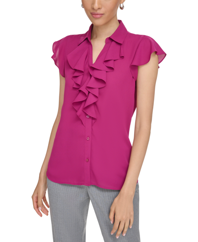Calvin Klein Plus Size Ruffle-front Button-up Top In Mulberry