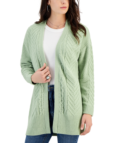 Planet Heart Juniors' Mixed-stitch Open-front Chenille Cardigan In Green