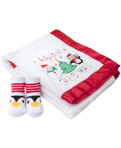 Baby Essentials Baby Boys And Baby Girls My First Christmas Blanket With Satin Binding And Socks Set In Red
