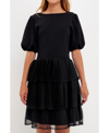 English Factory Puff Sleeve Mixed Media Minidress In Black