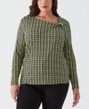 ELLA RAFAELLA PLUS SIZE HOUNDSTOOTH PRINT ASYMMETRIC NECK LONG SLEEVE TOP