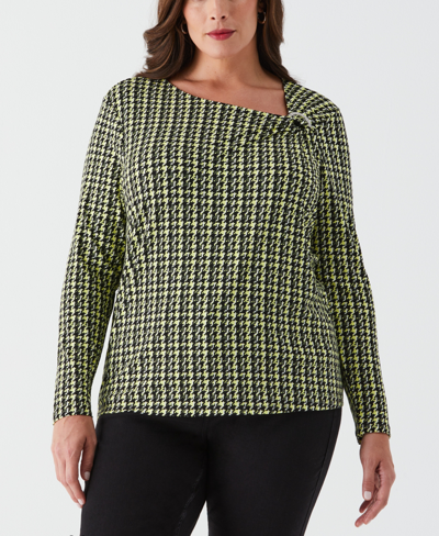 Ella Rafaella Plus Size Houndstooth Print Asymmetric Neck Long Sleeve Top In Black Multi