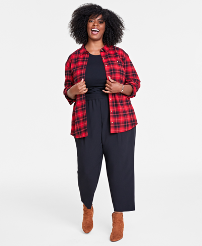 On 34th Plus Size Cotton Flannel Plaid Tunic Shirt, Created For Macy's In Burgundy Combo