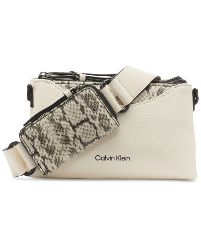 Calvin Klein Chrome Adjustable Zip Crossbody With Zippered Pouch In Cherub White,black