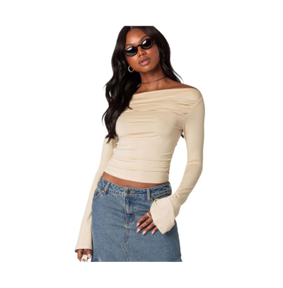 Edikted Dana Gathered Bateau Neck Long Sleeve Crop Top In Cream