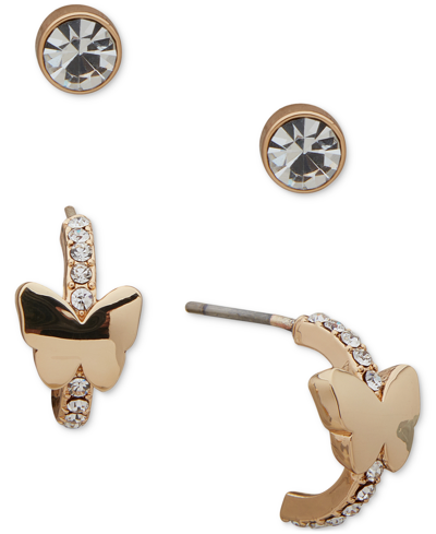 Dkny Gold-tone 2-pc. Set Butterfly & Crystal Stud Earrings In Gold/ Crystal