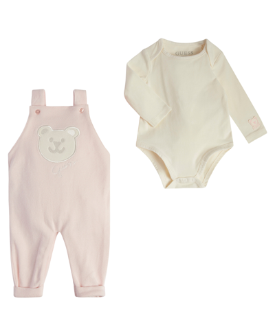 Guess Baby Girls Bodysuit And Heavy Knit Jersey Overall, 2 Piece Set In Pink