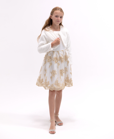 Rare Editions Kids' Big Girls Embroidered Social Dress And Faux Fur Jacket Set, 2-piece In Ivory