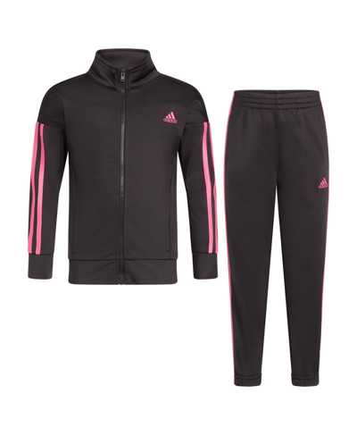 Adidas Originals Kids' Toddler Girls Long Sleeve Essential Tricot Jacket And Joggers, 2 Piece Set In Black With Pink