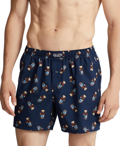Polo Ralph Lauren Men's Holiday Bear Printed Woven Boxers In Cruise Navy With Holiday Bear Aop