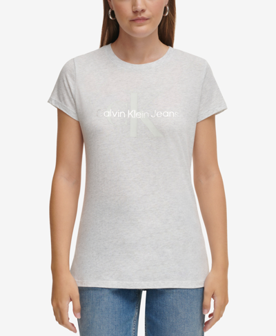 Calvin Klein Jeans Est.1978 Women's Monogram Logo Short-sleeve Iconic T-shirt In Optic Heather,sliver