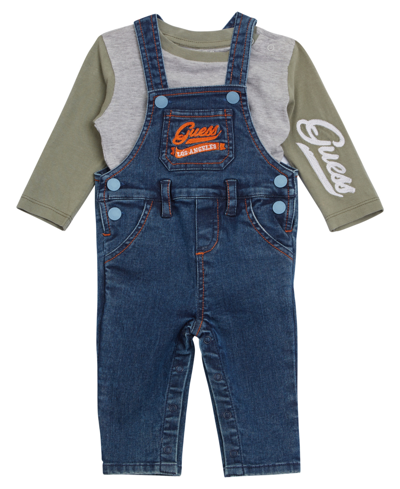 Guess Baby Boys Embroidered Shirt And Denim Overall, 2 Piece Set In Blue