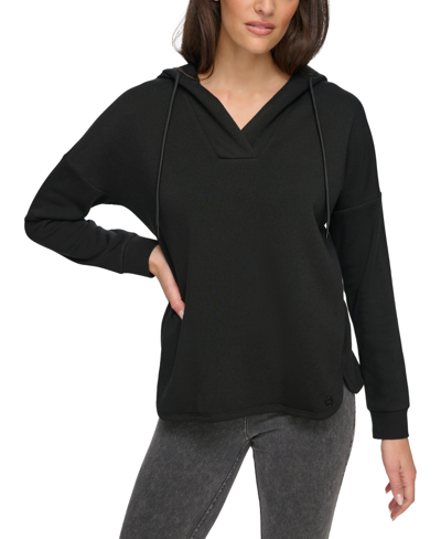 Marc New York Andrew Marc Sport Women's Long Sleeve Fleece Split Neck Tunic Hoodie Sweatshirt In Black