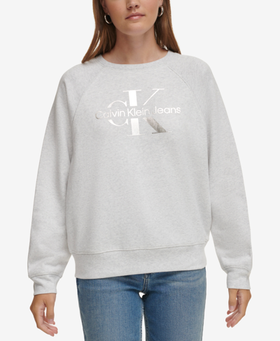 Calvin Klein Jeans Est.1978 Women's Foil-sliced Monogram Logo Sweatshirt In Optic Heather