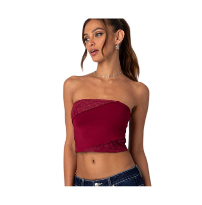 Edikted Lace Patchwork Crop Tube Top In Burgundy