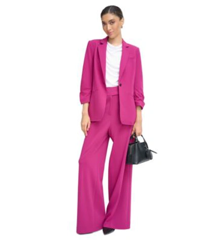 Calvin Klein Petite 3 4 Sleeve One Button Blazer Sleeveless Cowlneck Shell Top High Rise Wide Leg Pants In Mulberry