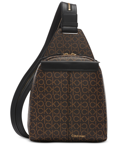 Calvin Klein Millie Signature Convertible Zip-around Sling In Brown Khaki,black