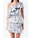 Endless Rose Metallic Tiered One-shoulder Peplum Top In Silver
