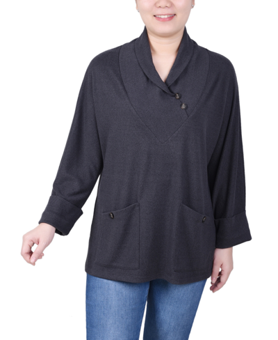Ny Collection Petite Cuff Sleeve Shawl Collar Top In Dark Charcoal