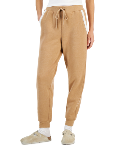 Crave Fame Juniors' Cozy Sherpa Lined Drawstring-waist Joggers In Heather Macaroon
