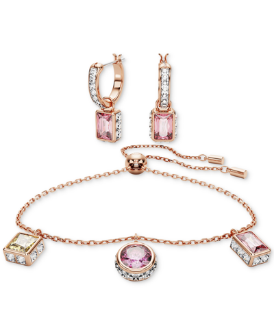 Swarovski Rose Gold-tone Mixed Crystal Charm Slider Bracelet & Hoop Earrings Set In Multicolored