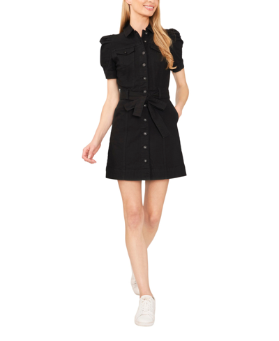 white christmas dresses Black Pleated V NECK puff sleeve denim dress