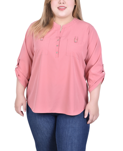 Ny Collection Plus Size 3/4 Tabbed Sleeve Y Neck Blouse In Dusty Rose