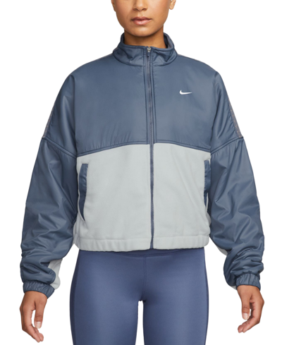 Nike Womens One Therma Fit Fleece Full Zip Jacket Swoosh Padded Medium Impact Sports Bra Therma Fit One H In Diffused Blue,photon Dust,white