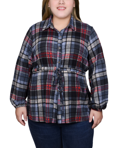 Ny Collection Plus Size Long Dolman Sleeve Drawstring-waist Tunic Top In Red Denim Plaid