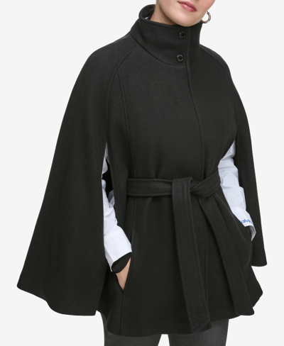 Calvin Klein Womens Double-breasted Cape Coat In Black