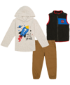 KIDS HEADQUARTERS TODDLER BOYS HOODED T-SHIRT, CONTRAST TRIM BERBER VEST AND TWILL JOGGERS, 3 PIECE SET