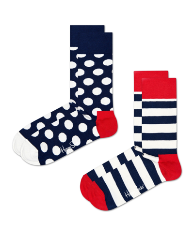Happy Socks Classic Big Dot & Stripes Assorted 2-pack Cotton Blend Crew Socks In Navy